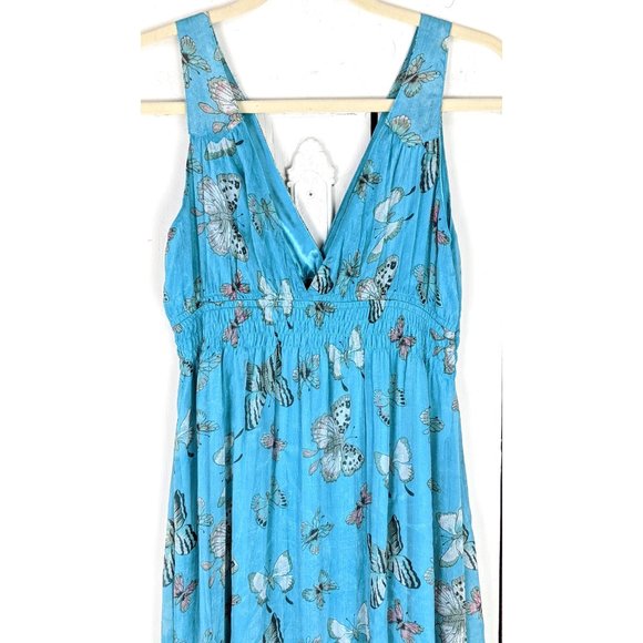 90s vintage blue butterfly sleeveless long maxi asymmetric hem boho dress - Picture 3 of 6